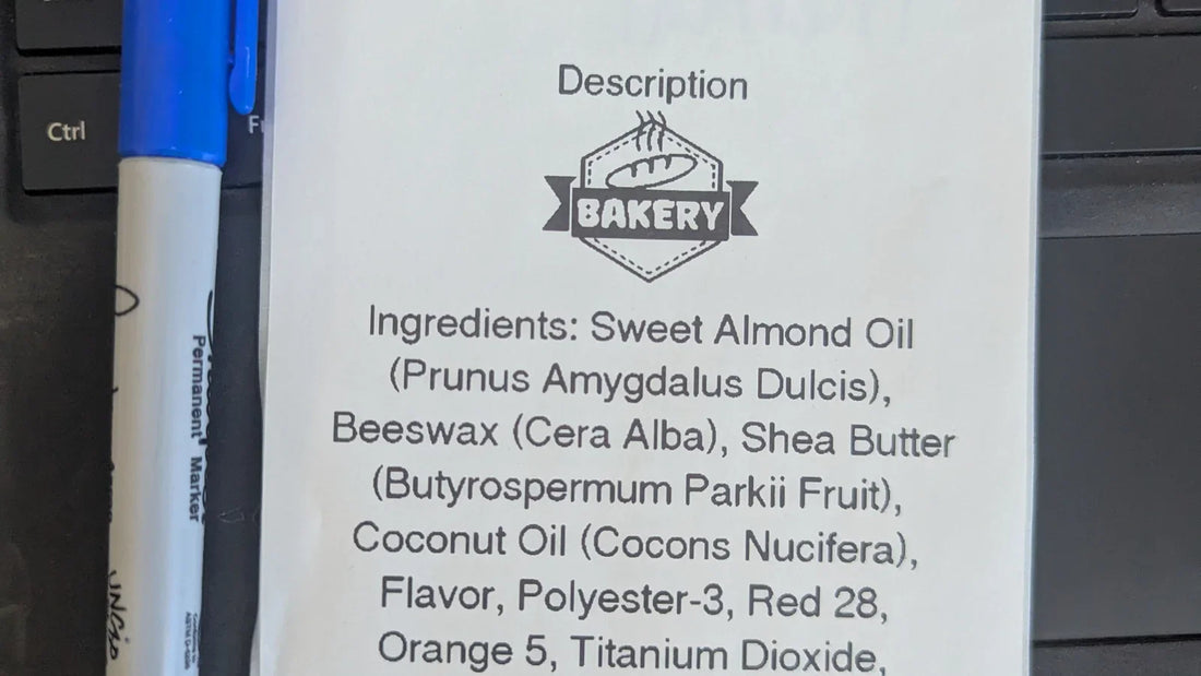 Cottage food bakery label with ingredients, allergens, and business information
