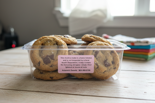 Food Cottage disclaimer label applied to a box of homemade cookies showing product in use