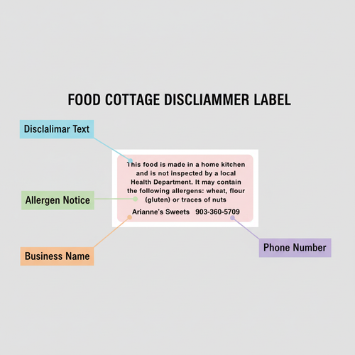 Food Cottage label infographic showing disclaimer, allergen notice, business name and phone number sections